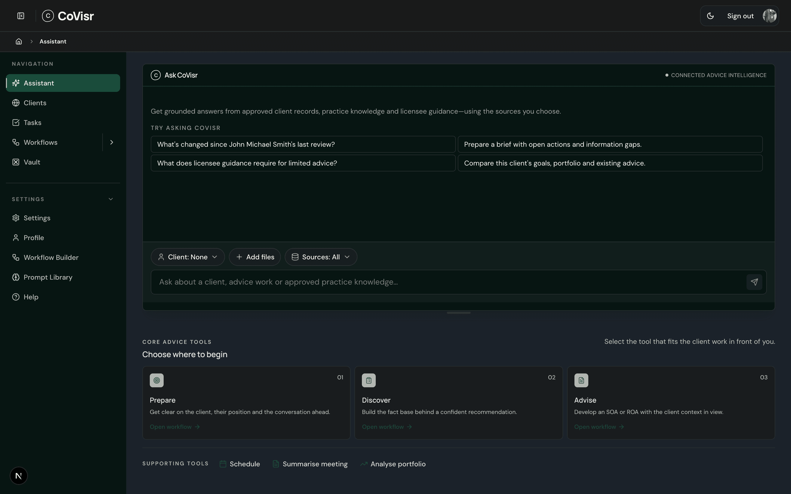 CoVisr AI assistant screen, dark mode
