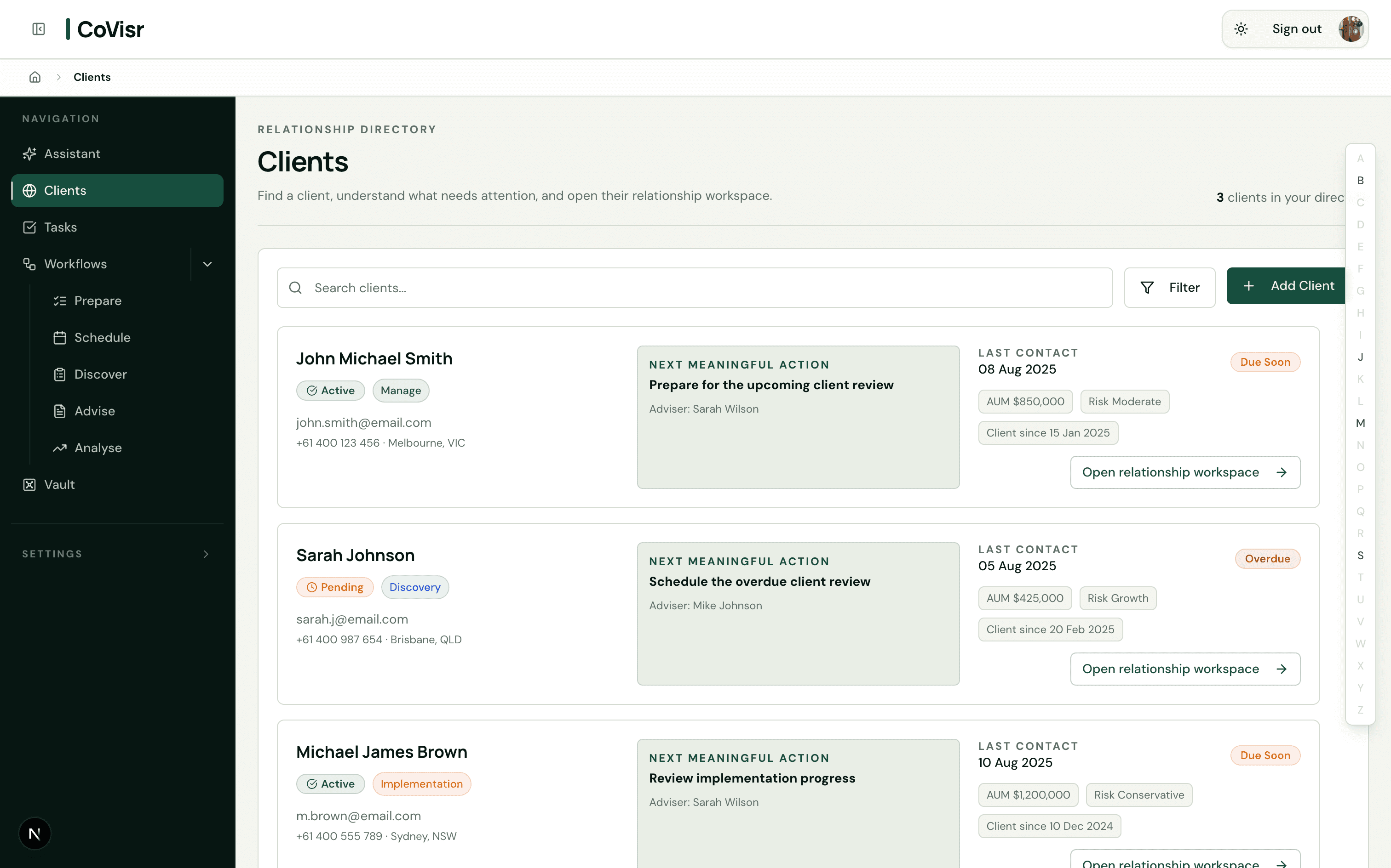 CoVisr Client relationships screen