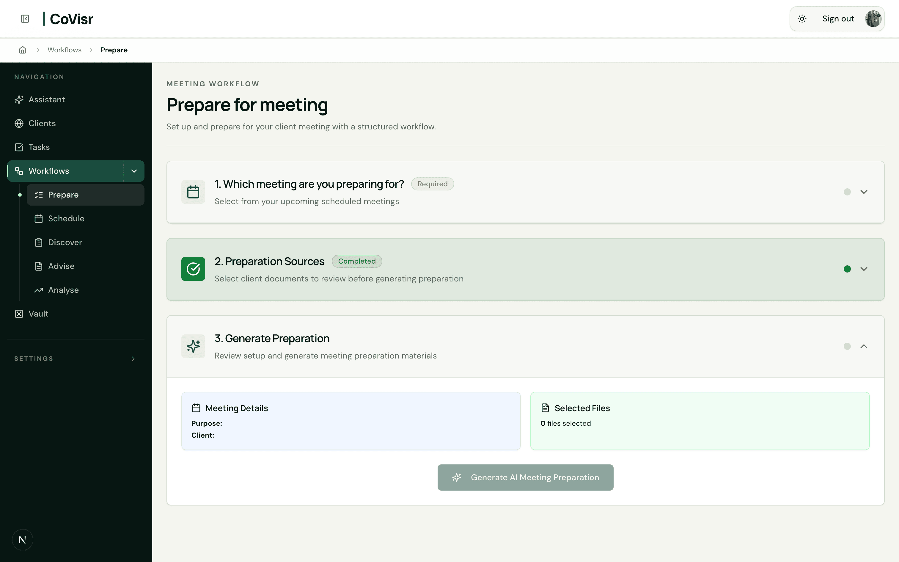 CoVisr Meeting preparation screen
